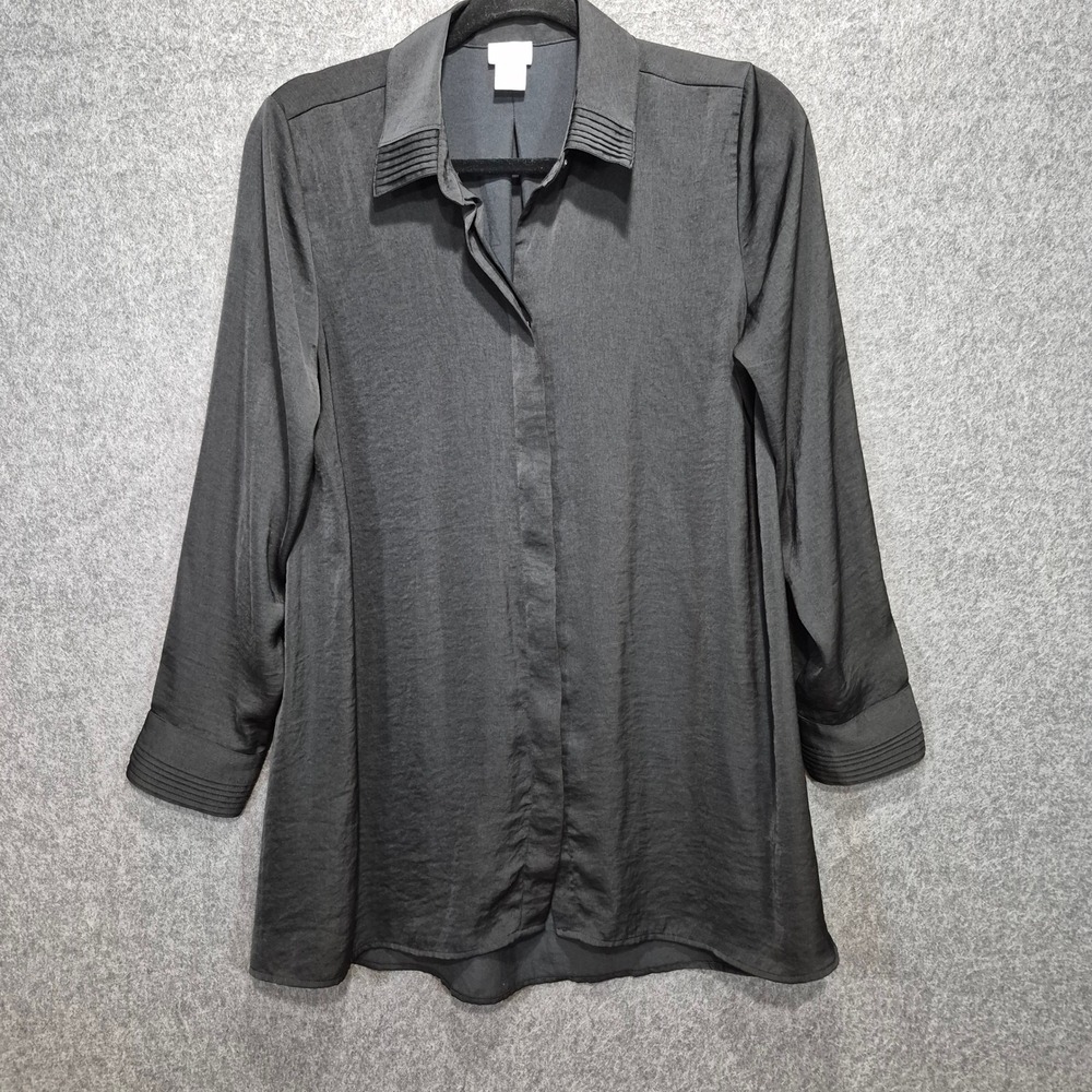 Chico's Button Up Tunic Sz 1 (M) Long Sleeve Chic Classic Contemporary Goth